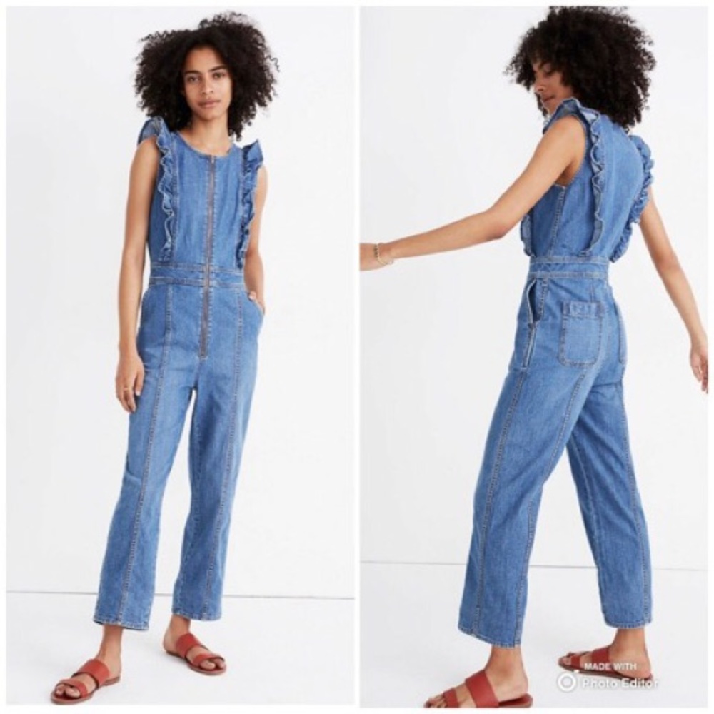 Madewell Denim Ruffle Sleeve Jumpsuit Blue